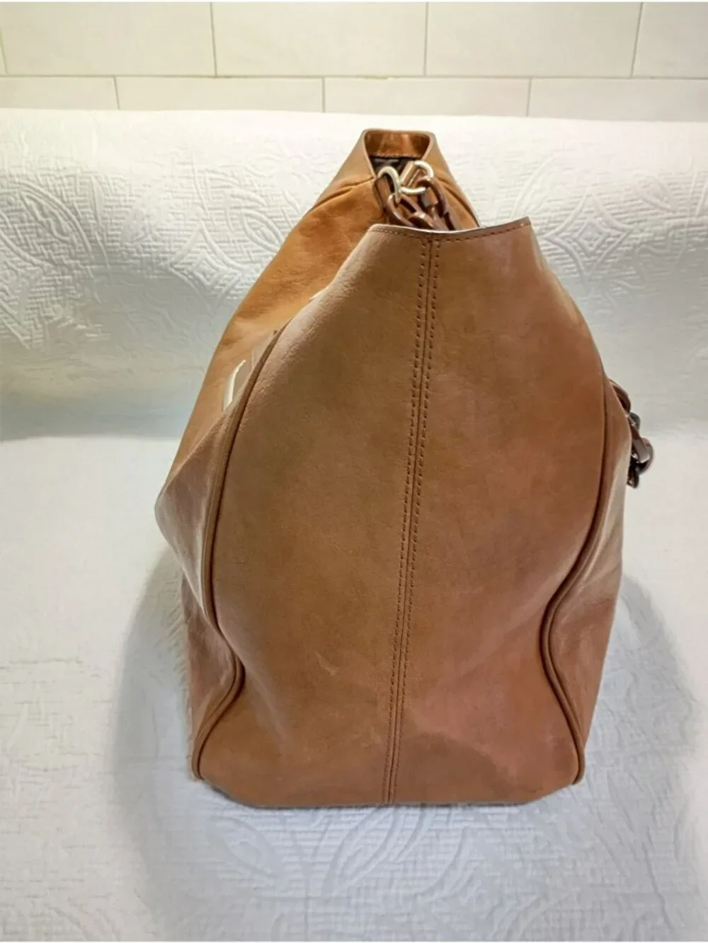 Banana Republic Brown Leather Chain Strap Tote Handbag Silver  Stylish Functiona